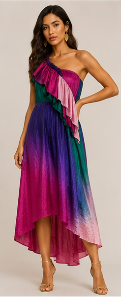 Chilli Couture Multicolor Silk One-Shoulder Ruffle Midi Dress