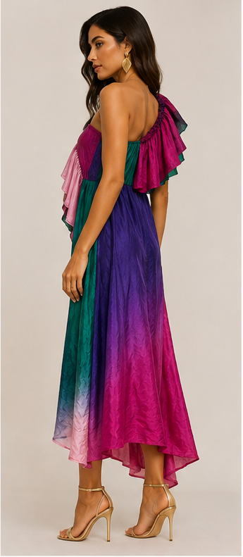 Chilli Couture Multicolor Silk One-Shoulder Ruffle Midi Dress