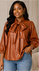 Cognac Bow Faux Leather Blouse