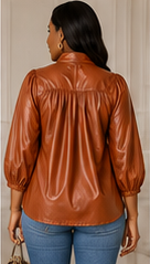 Cognac Bow Faux Leather Blouse