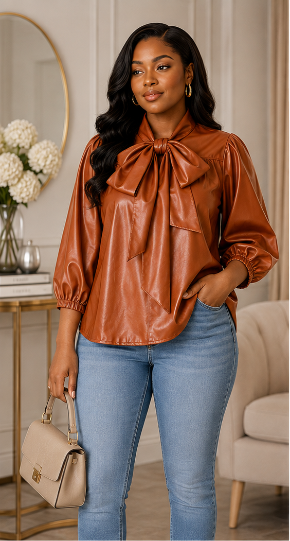 Cognac Bow Faux Leather Blouse