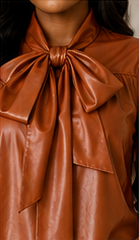 Cognac Bow Faux Leather Blouse