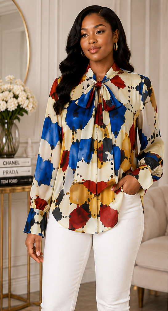 Watercolor Ink Tie-Neck Blouse