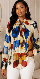 Watercolor Ink Tie-Neck Blouse