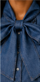 Denim Bow Tie-Neck Blouse