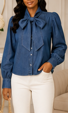 Denim Bow Tie-Neck Blouse