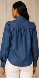 Denim Bow Tie-Neck Blouse