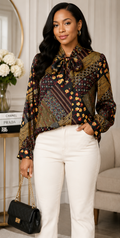 Patchwork Floral Tie-Neck Blouse