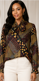 Patchwork Floral Tie-Neck Blouse