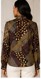 Patchwork Floral Tie-Neck Blouse