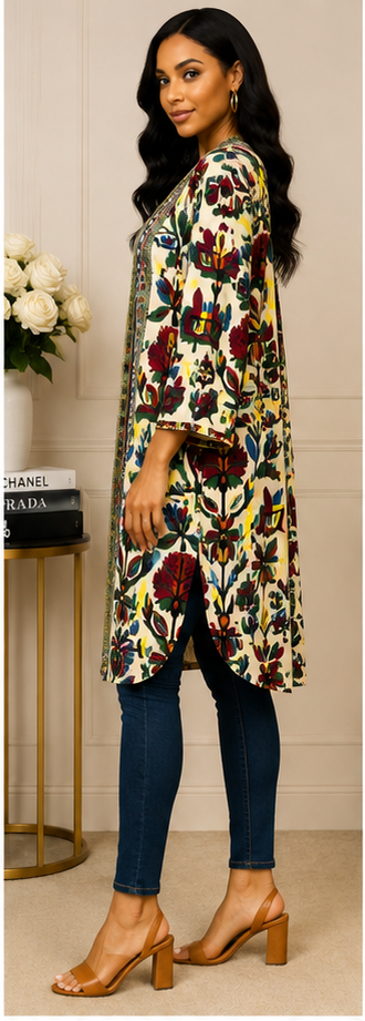 Botanical Mosaic Open-Front Kimono
