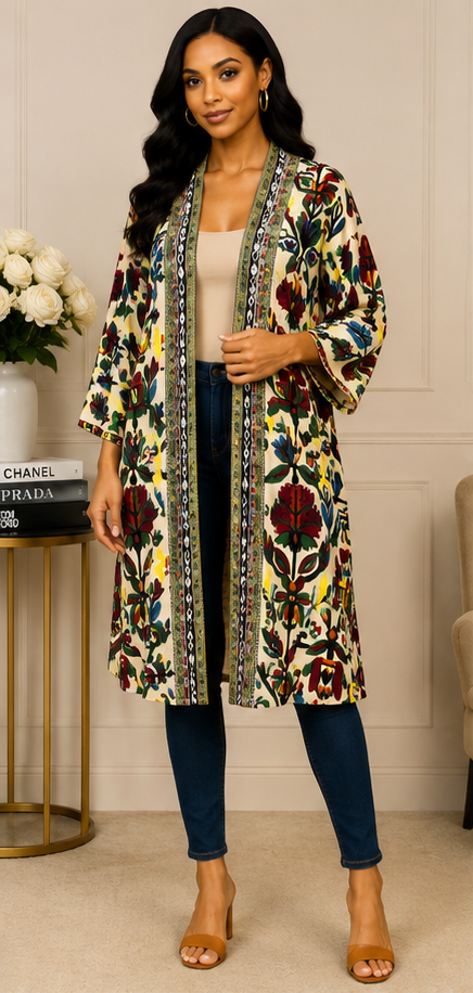 Botanical Mosaic Open-Front Kimono