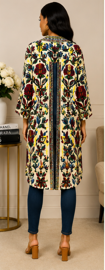 Botanical Mosaic Open-Front Kimono