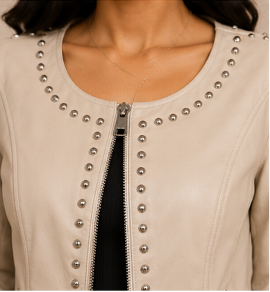 AKIRA Studded Faux Leather Moto Jacket – Cream
