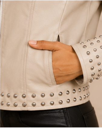 AKIRA Studded Faux Leather Moto Jacket – Cream