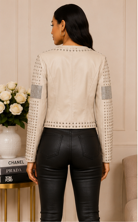 AKIRA Studded Faux Leather Moto Jacket – Cream