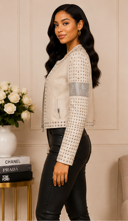 AKIRA Studded Faux Leather Moto Jacket – Cream