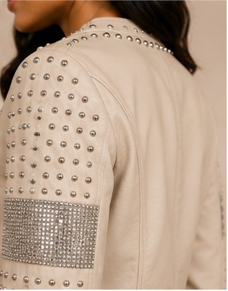 AKIRA Studded Faux Leather Moto Jacket – Cream