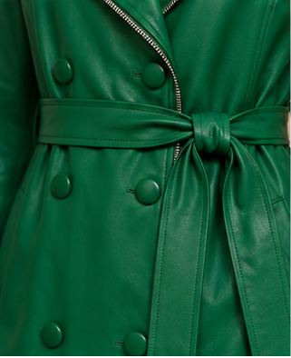 Emerald Green Faux Leather Belted Trench Coat