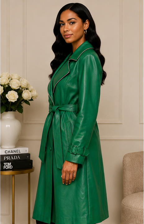 Emerald Green Faux Leather Belted Trench Coat