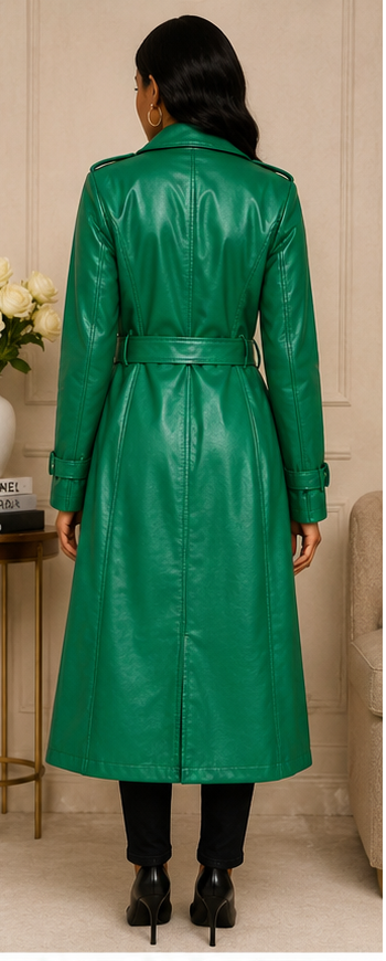 Emerald Green Faux Leather Belted Trench Coat