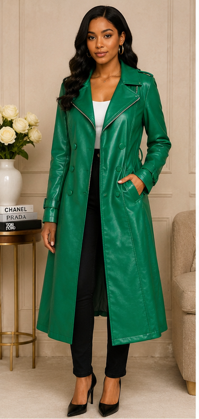 Emerald Green Faux Leather Belted Trench Coat