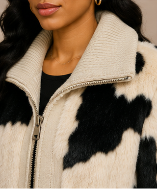 Luxe Cow Print Faux Fur Knit Bomber Jacket