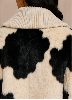 Luxe Cow Print Faux Fur Knit Bomber Jacket