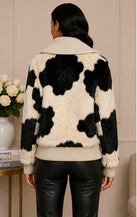 Luxe Cow Print Faux Fur Knit Bomber Jacket