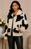 Luxe Cow Print Faux Fur Knit Bomber Jacket