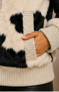 Luxe Cow Print Faux Fur Knit Bomber Jacket
