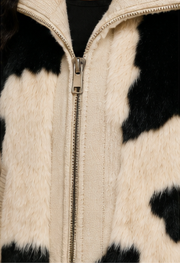 Luxe Cow Print Faux Fur Knit Bomber Jacket