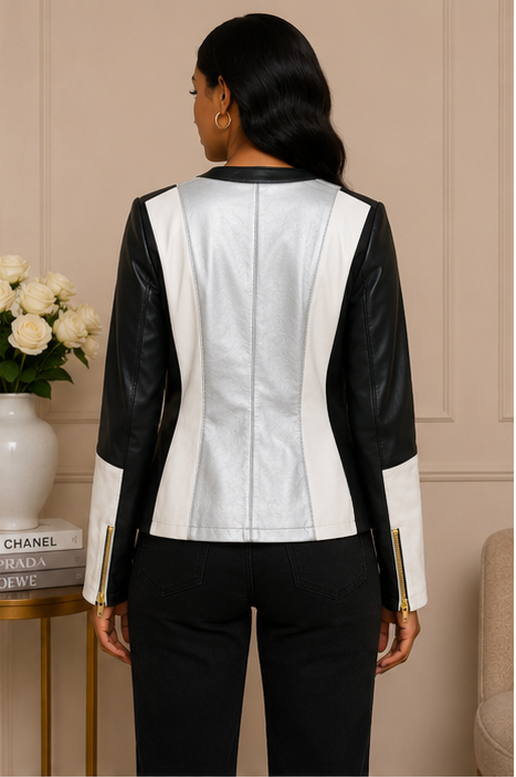 Modern Color block Faux Leather Moto Jacket