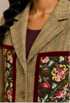 Harve Benard Designer Tweed Blazer with Floral Velvet Accents