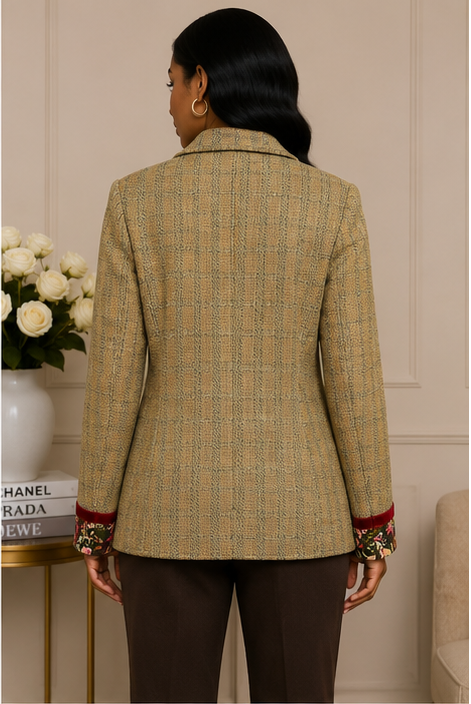 Harve Benard Designer Tweed Blazer with Floral Velvet Accents