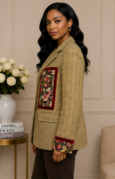 Harve Benard Designer Tweed Blazer with Floral Velvet Accents