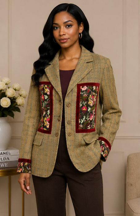 Harve Benard Designer Tweed Blazer with Floral Velvet Accents