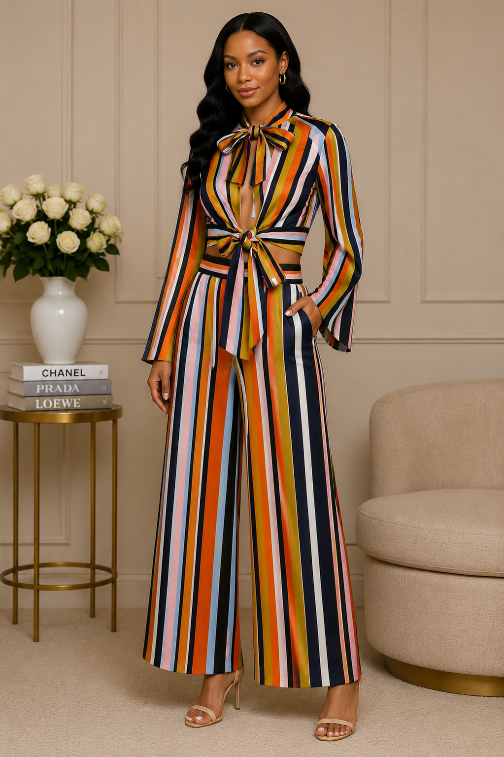 Women's Multicolor Striped Crop Top & Wide-Leg Pants Set – Bold Statement Two-Piece Outfit