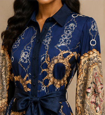 Women's Navy Chain & Scarf Print Maxi Shirt Dress with Waist Tie