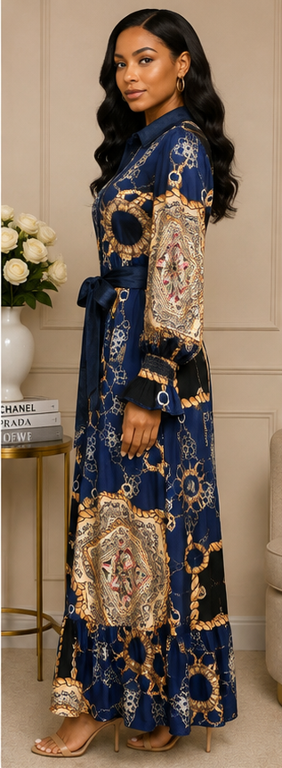 Women's Navy Chain & Scarf Print Maxi Shirt Dress with Waist Tie