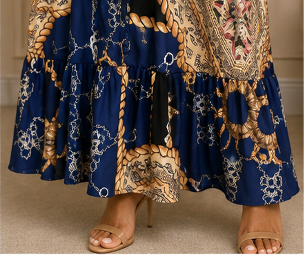 Women's Navy Chain & Scarf Print Maxi Shirt Dress with Waist Tie