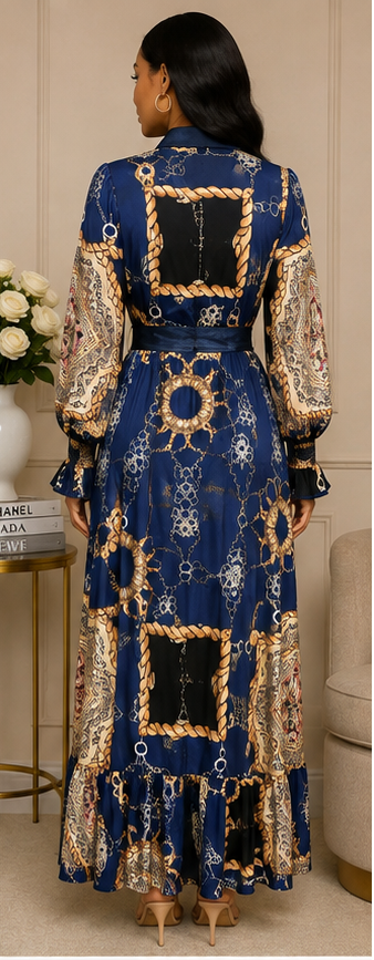 Women's Navy Chain & Scarf Print Maxi Shirt Dress with Waist Tie