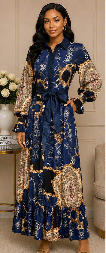 Women's Navy Chain & Scarf Print Maxi Shirt Dress with Waist Tie