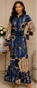 Women's Navy Chain & Scarf Print Maxi Shirt Dress with Waist Tie