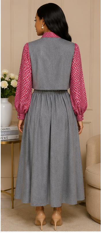 Vintage-Inspired Two-Piece Grey Midi Dress Set with Polka Dot Blouse
