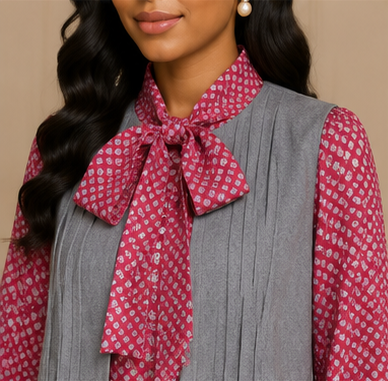 Vintage-Inspired Two-Piece Grey Midi Dress Set with Polka Dot Blouse