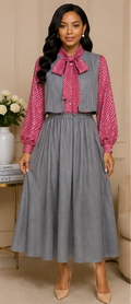 Vintage-Inspired Two-Piece Grey Midi Dress Set with Polka Dot Blouse