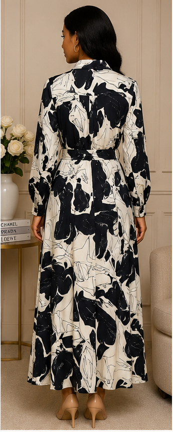 Abstract Monochrome Belted Maxi Shirt Dress