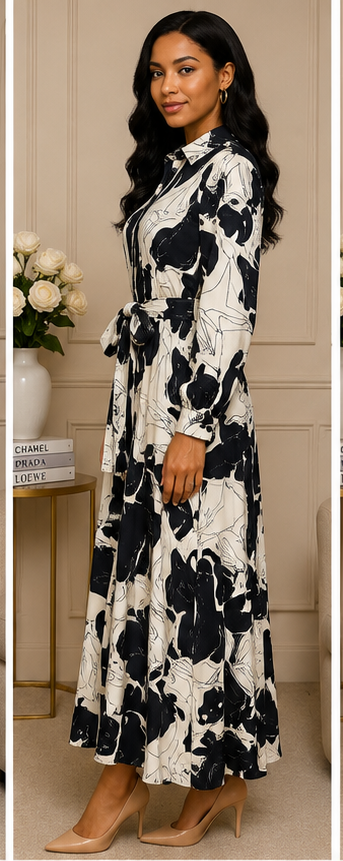 Abstract Monochrome Belted Maxi Shirt Dress