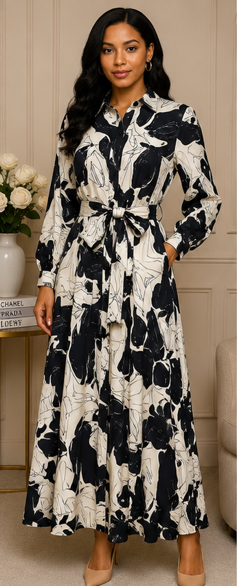 Abstract Monochrome Belted Maxi Shirt Dress